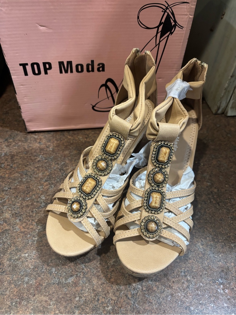 TOP Moda Tan Jeweled Strappy Heels